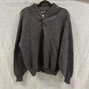 Vintage Lands End Sweater Mens XL Grey Wool Blend Two Button Henley USA Made